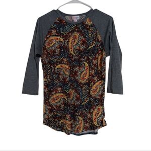 Lularoe Randy Gray and Paisley 3/4 Sleeve Baseball Style Tee Size Medium